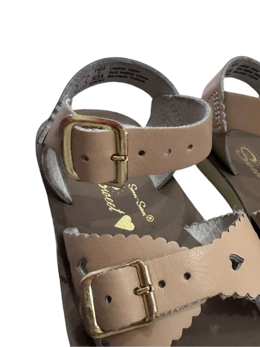 Girls Tan Buckle Sandals with Scalloped Trim